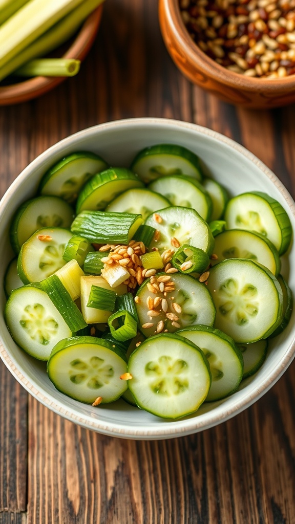 A bowl of Asian cucumber salad with sliced cucumbers, sesame seeds, and green onions on a wooden table.